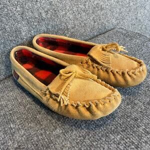 Vintage Sioux Mox Tan Suede Moccasins Flannel Lined Womens 8.5 Fringe